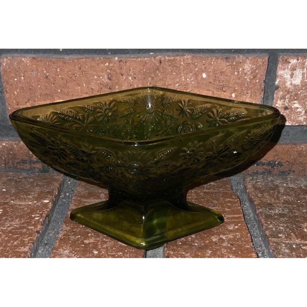 Vintage Olive Green Pressed Glass Floral Diamond Pedestal Bowl Square Compote